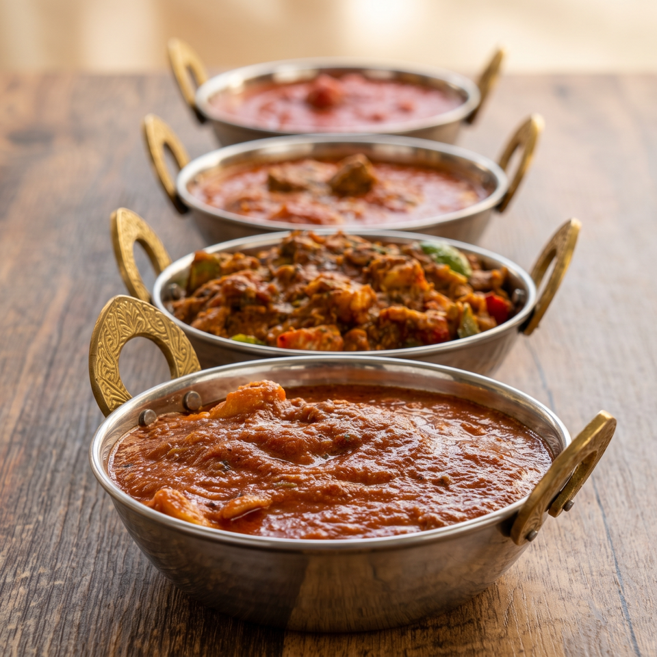 Four brass-handled serving pans of richly spiced Indian curries arranged on a wooden table.