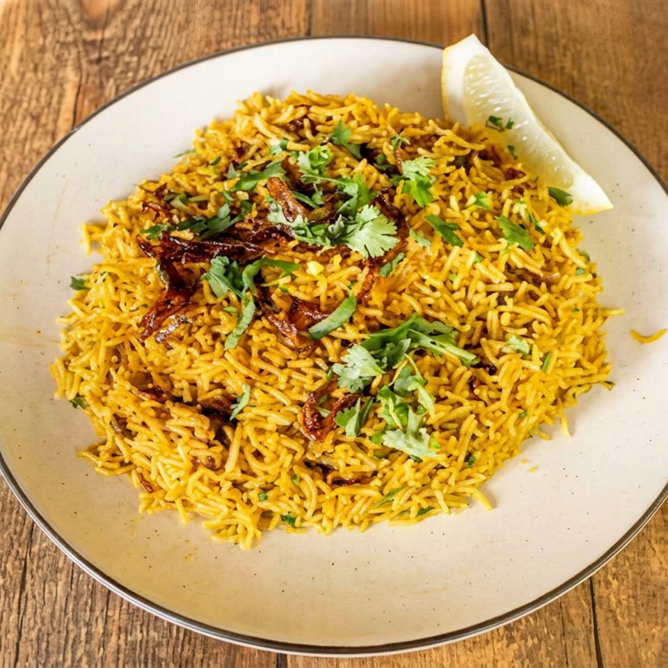 Plate of golden biryani rice garnished with cilantro and crispy onions, served with a lemon wedge on a wooden table.