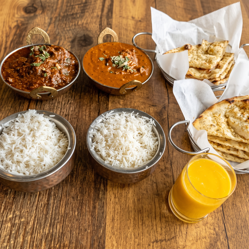 Indian meal spread with two curries, basmati rice, naan bread, and mango drink on a wooden table.